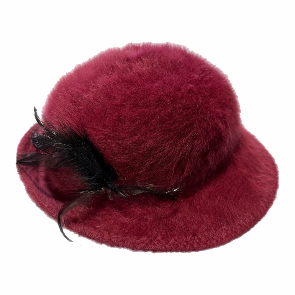 Kangol Design Vintage Burgundy Fuzzy Angora Feather Hat Made in England Cloche